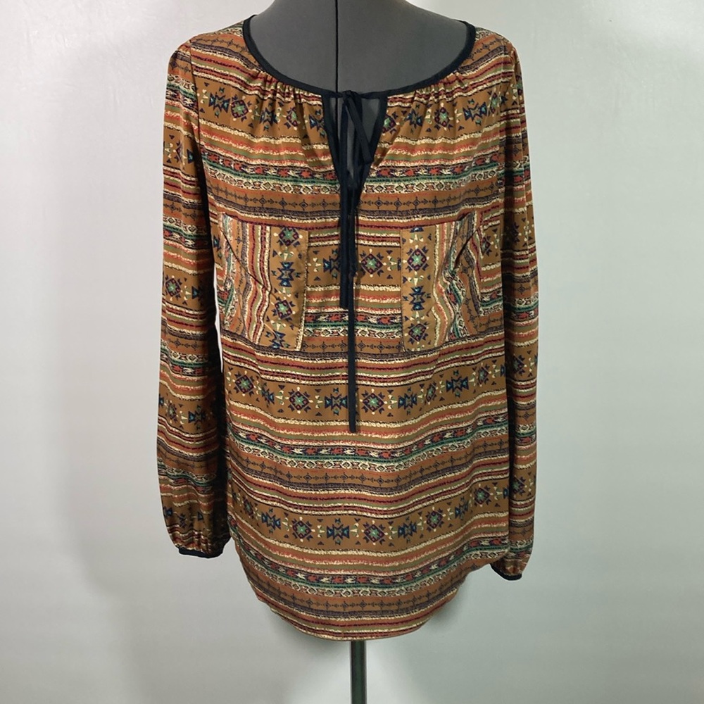 Peppermint Top Women Size M Multi Color Stripes Pockets Long Sleeve Relax Fit